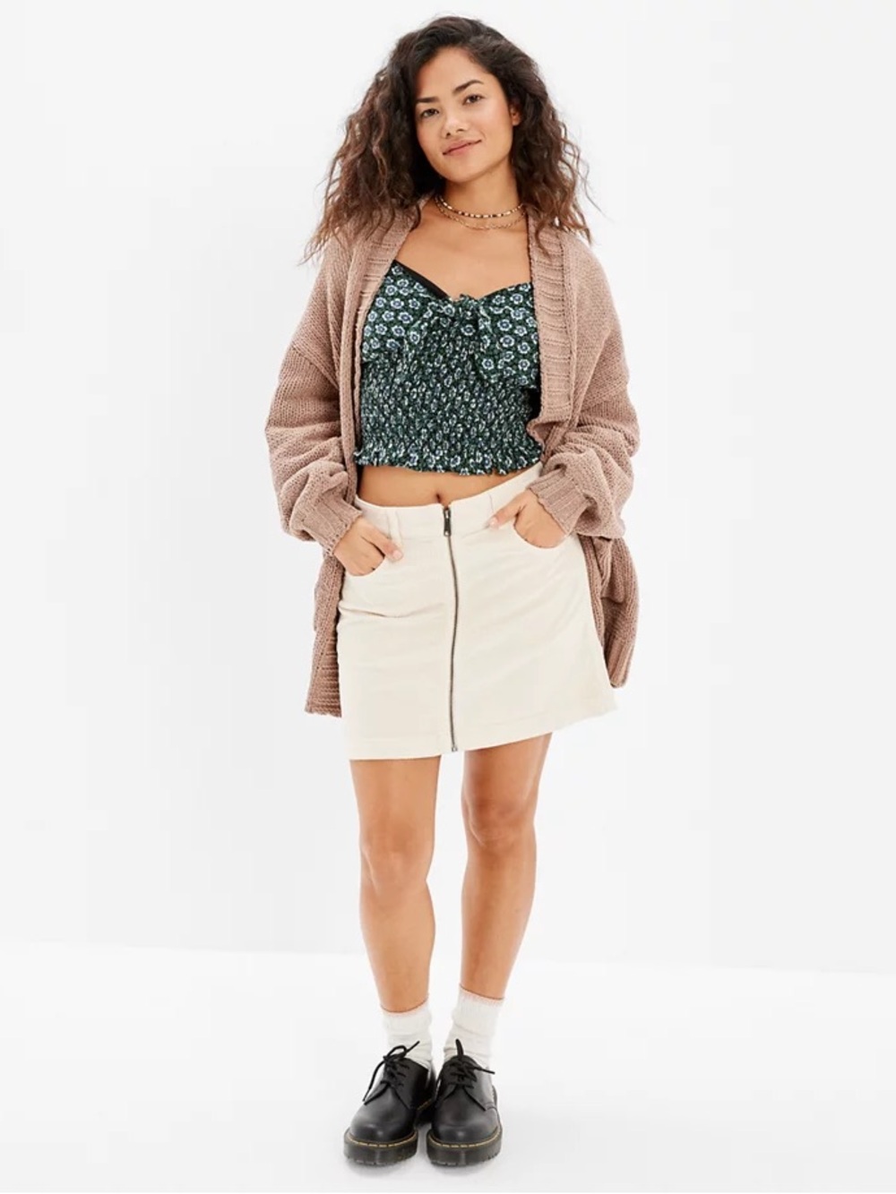 NWT American Eagle Cream Corduroy Zip-Front Mini Skirt High-Rise Preppy 00